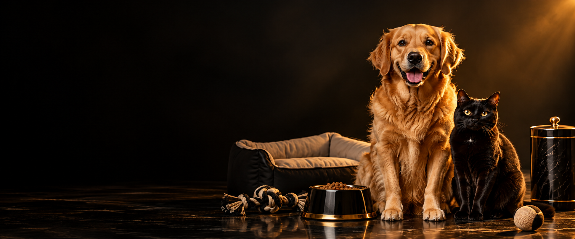 Golden retriever and black cat with Pet House accessories